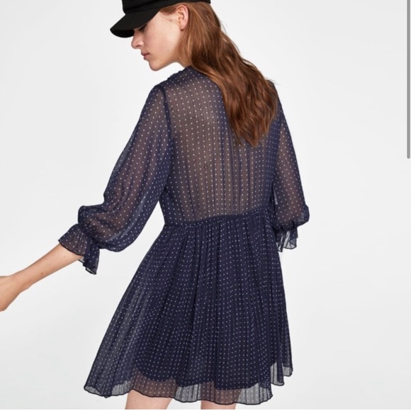 Zara Polka Dot Navy Dress with Pleats - Picture 2 of 10